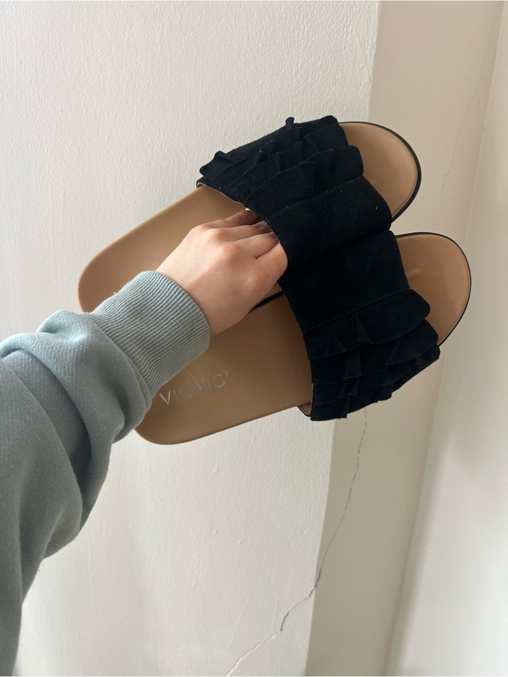 Vionic Black Ruffle Slide Sandals with Tan Footbed